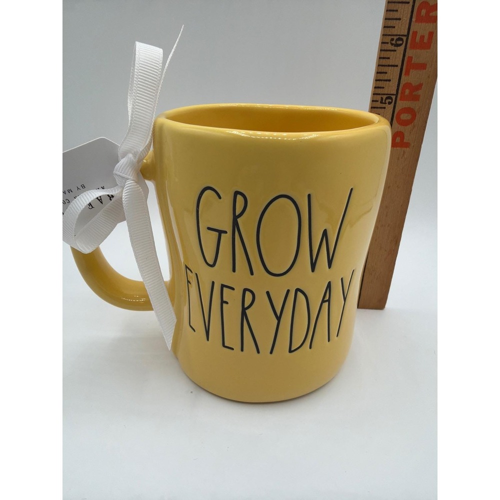 Rae Dunn GROW EVERYDAY Yellow Ceramic Mug Double Sided NWT Spring Garden